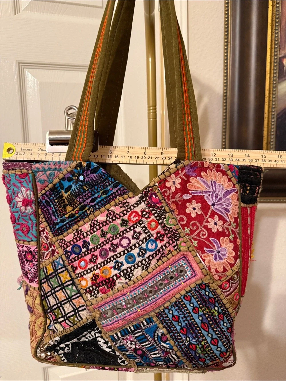 Boho Multicolor Patchwork Tote with Olive Straps - Picture 2 of 3